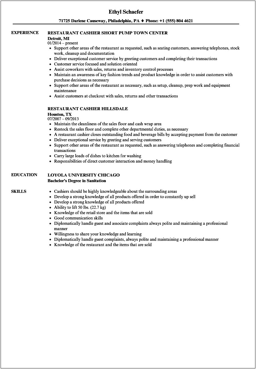 Cashier Server Job Description For Resume