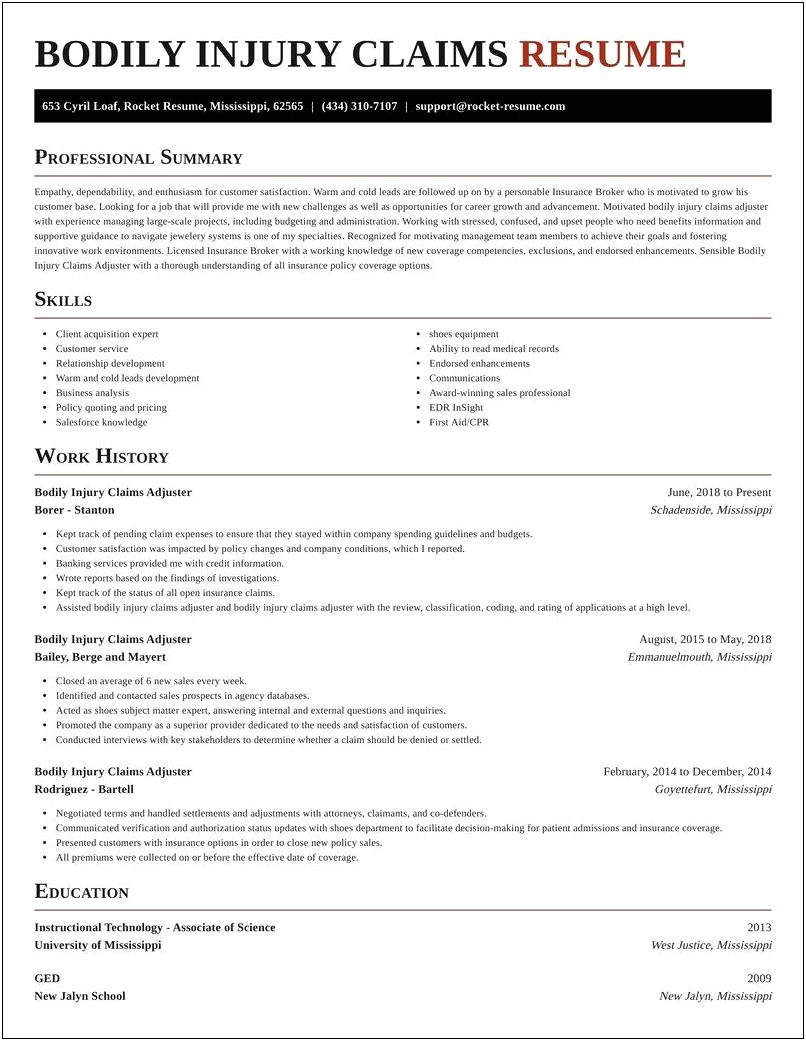 Catastrophe Claims Adjuster Resume Example