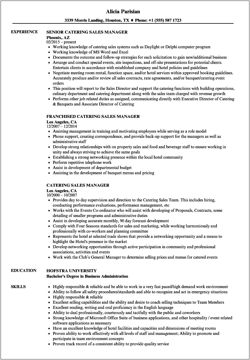 Catering And Events Manager Resume