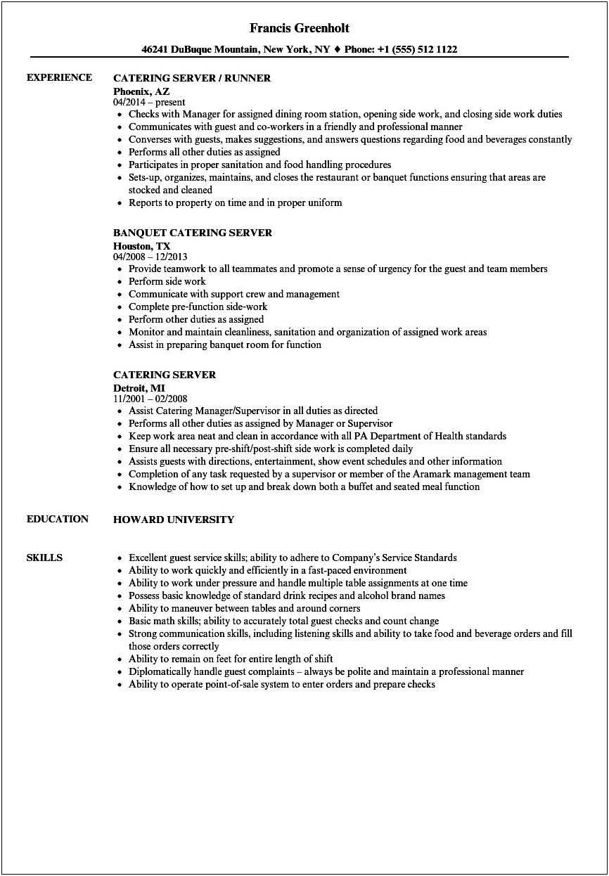 Catering Company Job Duties For Resume