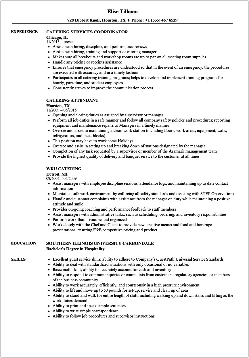 Catering Job In Hospital Description Resume