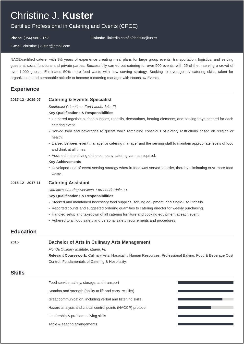 Catering Liasion Job Description For Resume