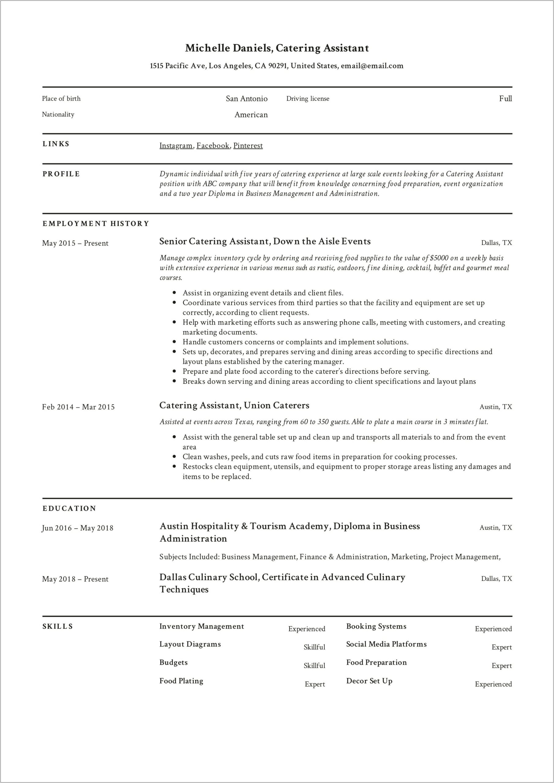 Catering Manager About Me Resume