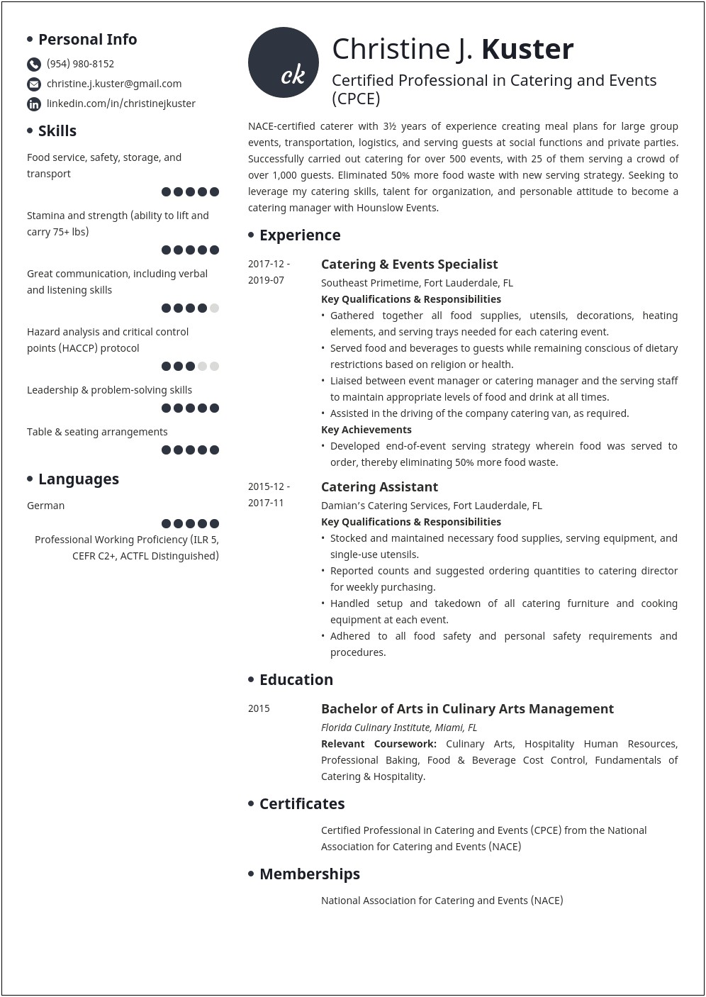 Catering Manager Job Description For Resume