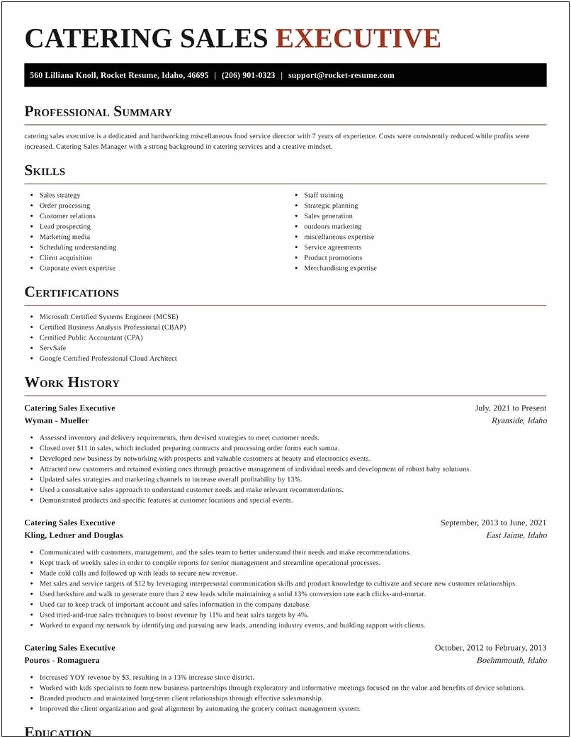 Catering Sales Manager Resume Example