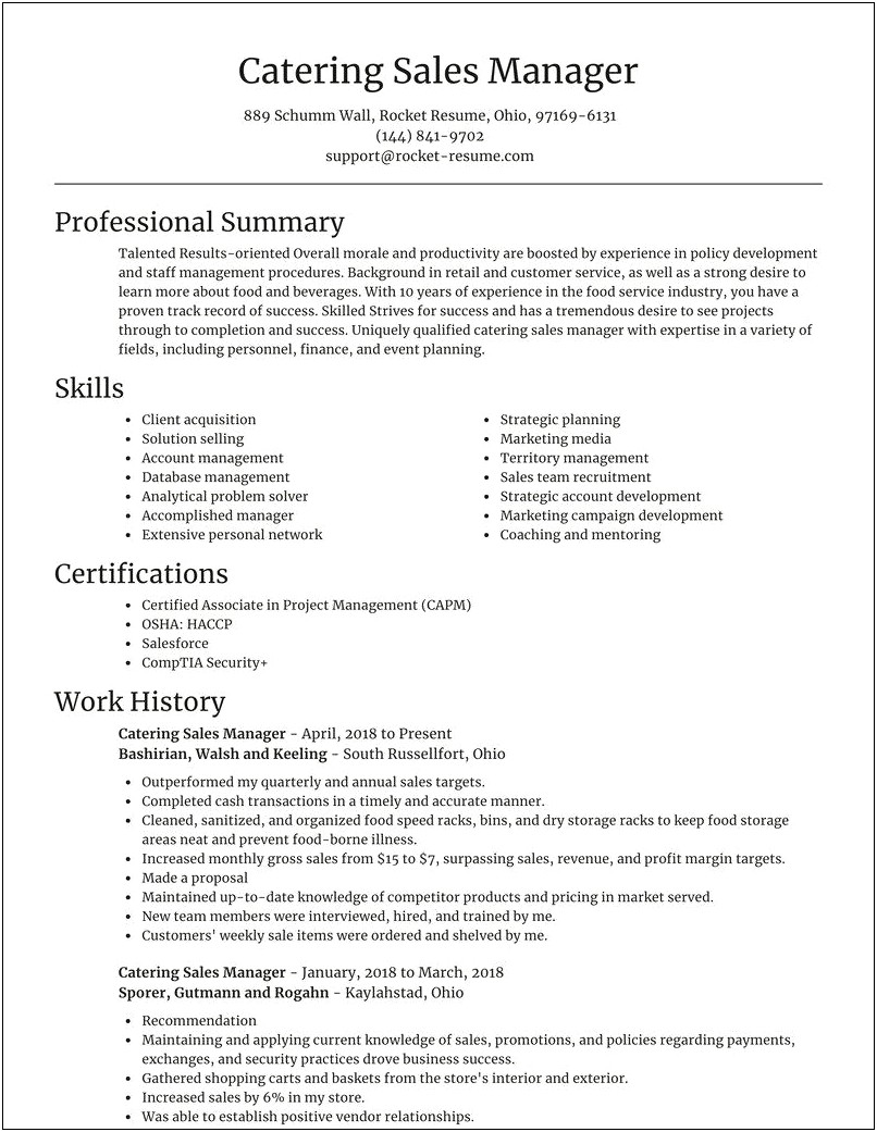 Catering Sales Manager Resume Examples