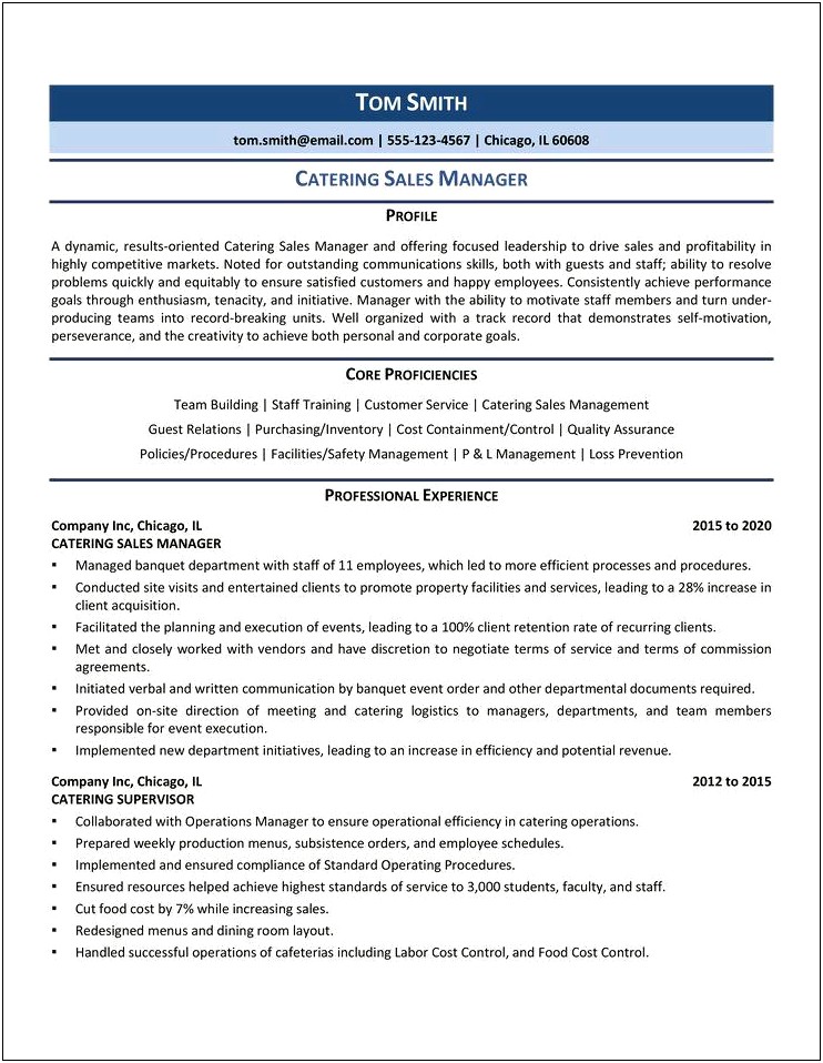 Catering Sales Manager Resume Sample