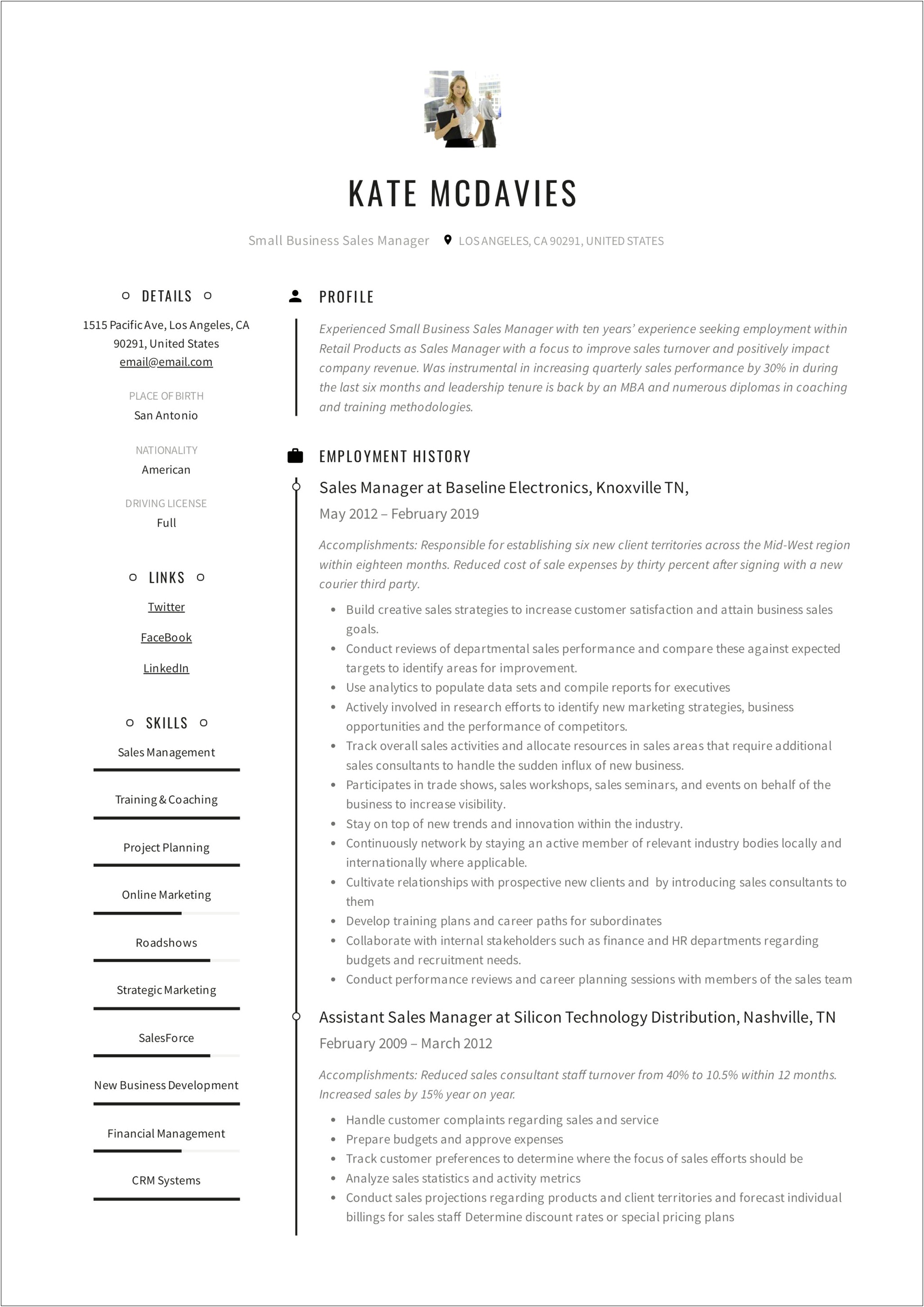 Catering Sales Manager Resume Samples