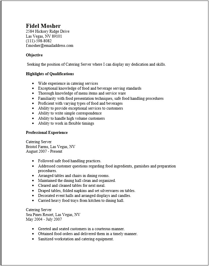 Catering Server Job Description For Resume
