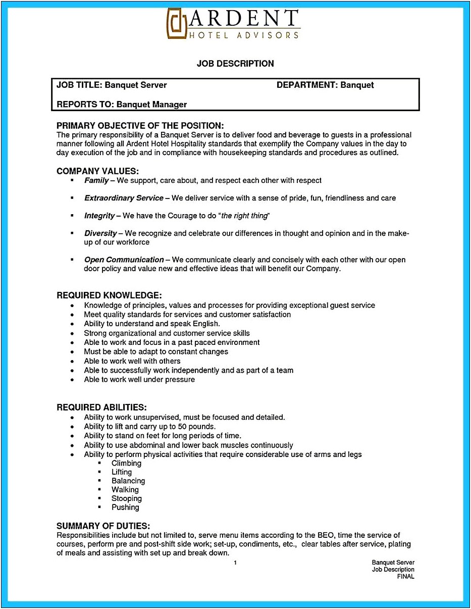Catering Waiter Job Description For Resume