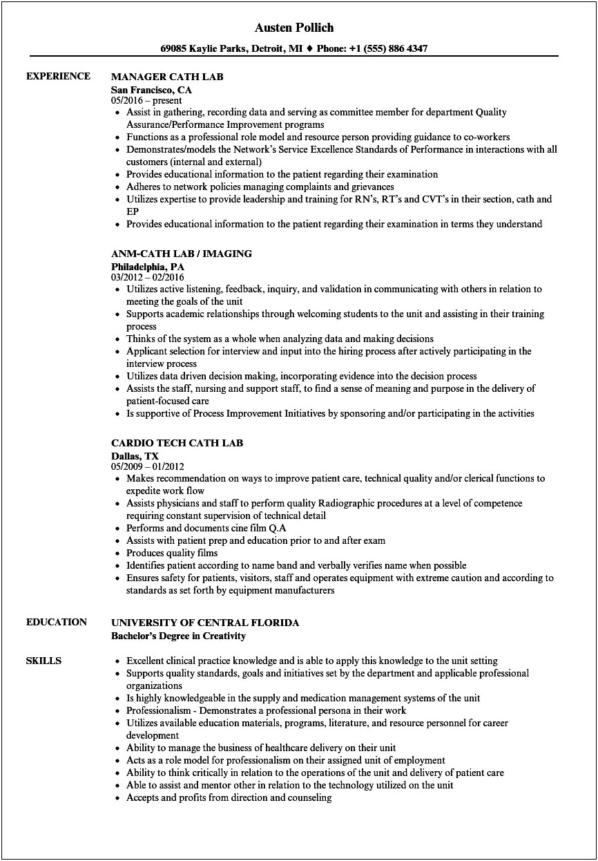 Cath Lab Tech Resume Objective