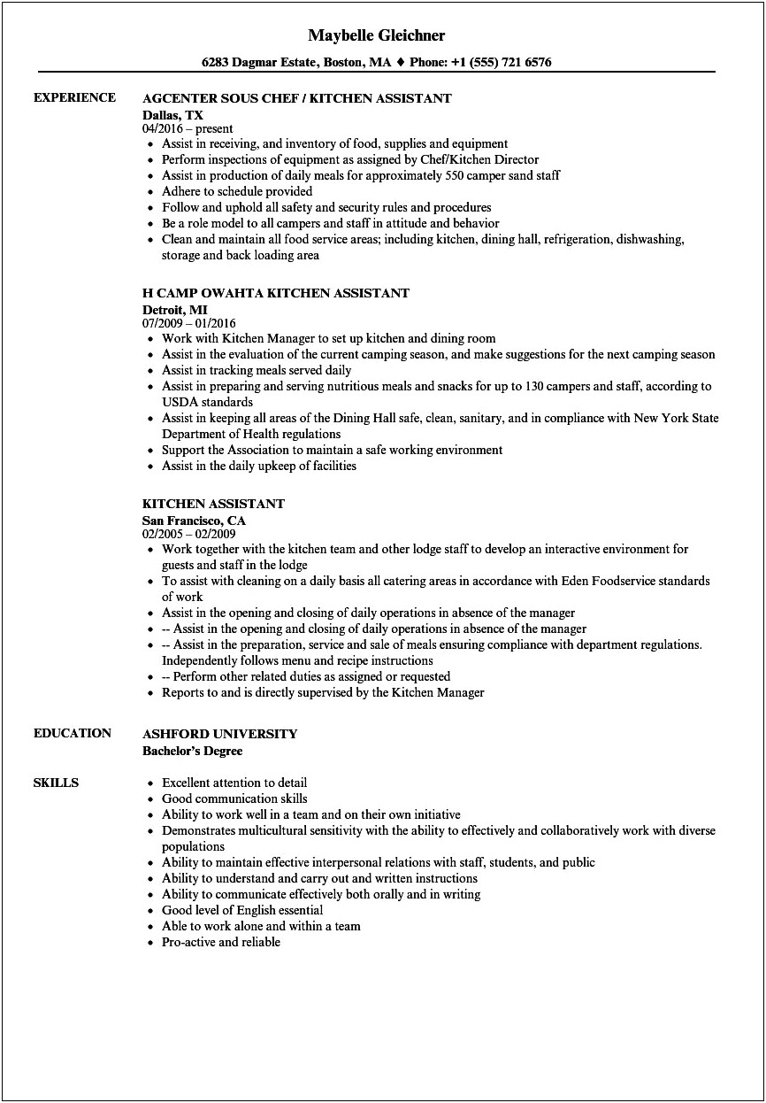 Cattering Assistance Experience Resume Examples 2018