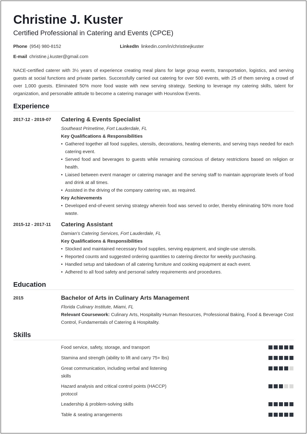 Cattering Assistance Resume Examples 2018