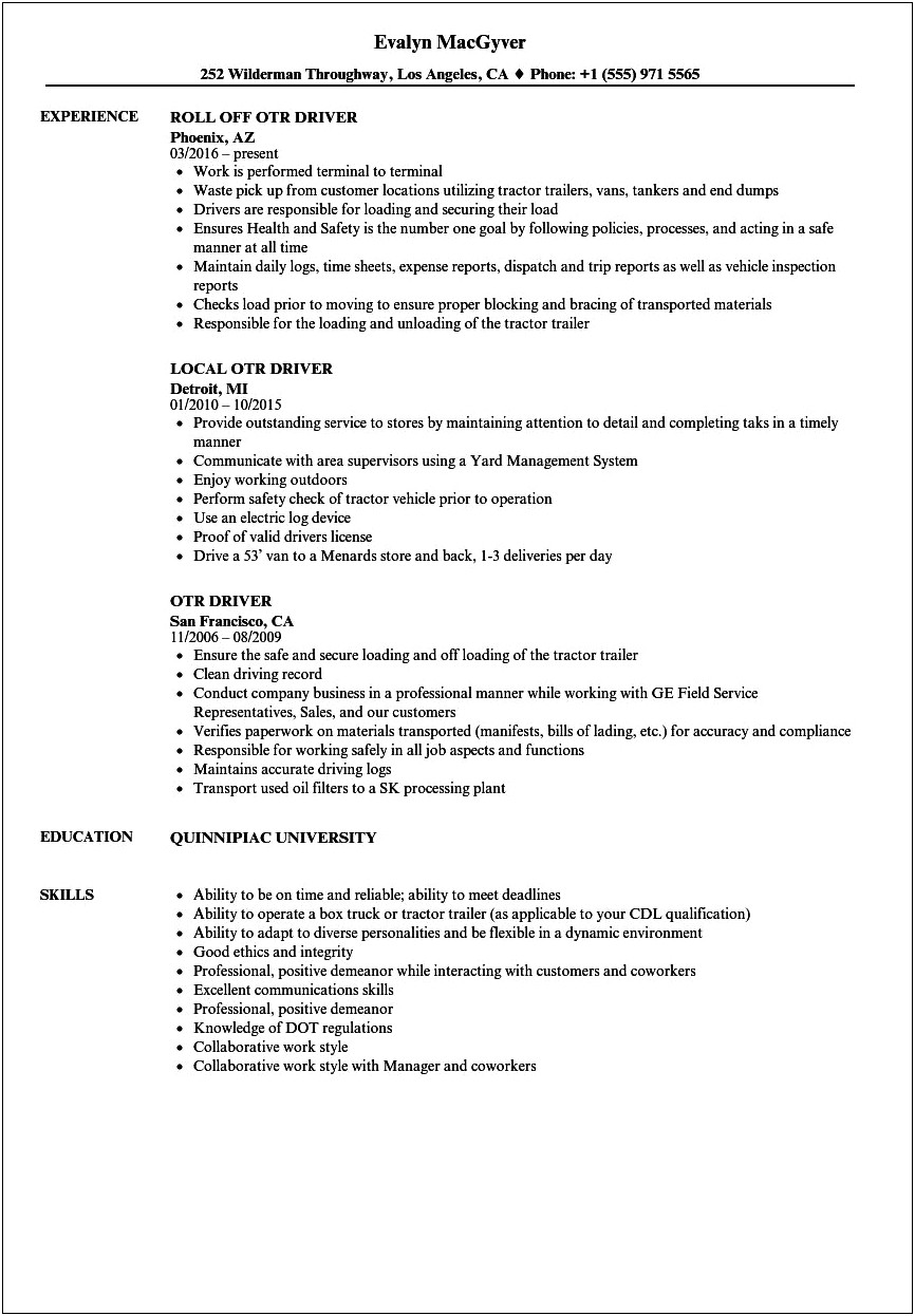 Cdl Job Description For Resume