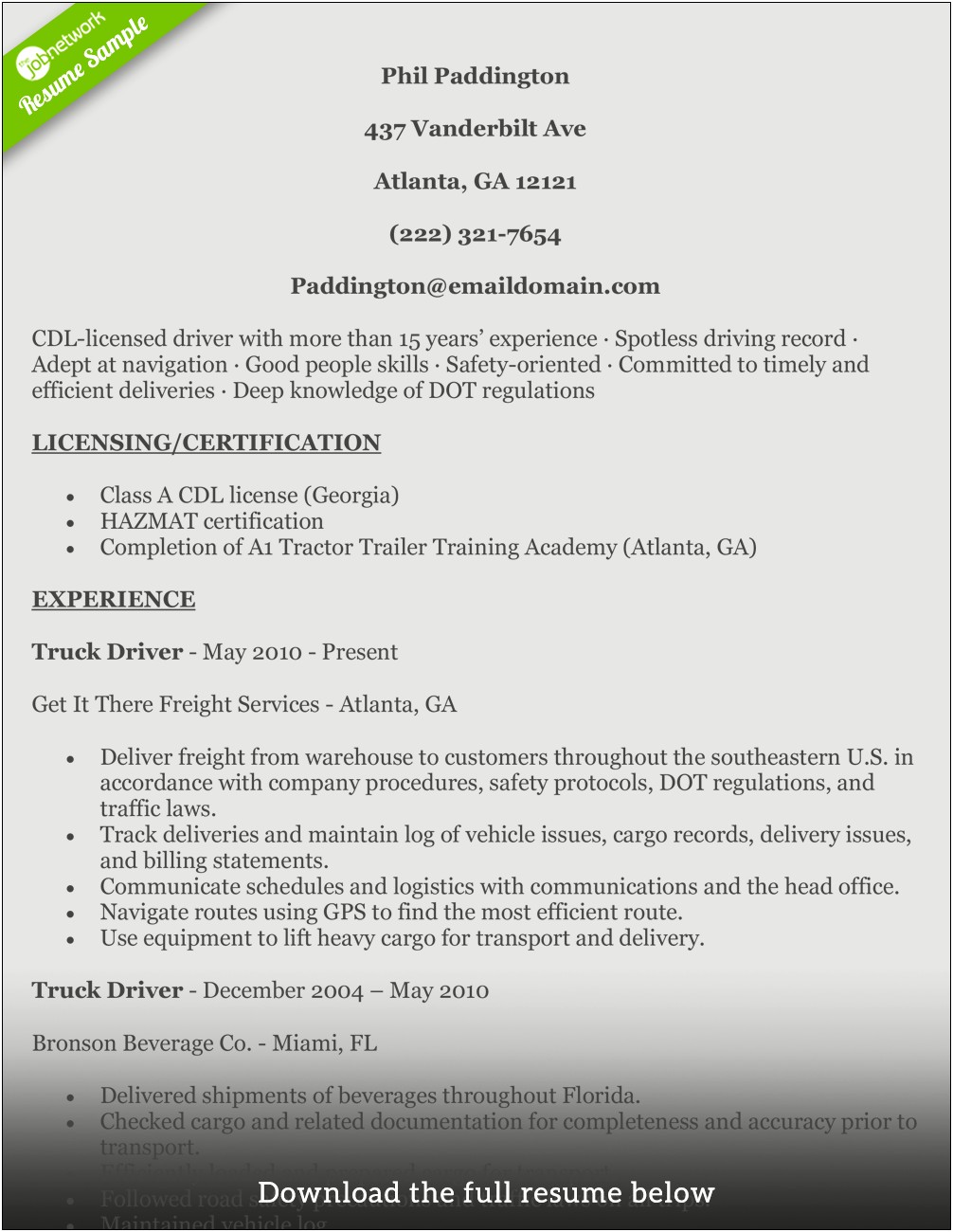 Cdl Truck Driver Resume Example