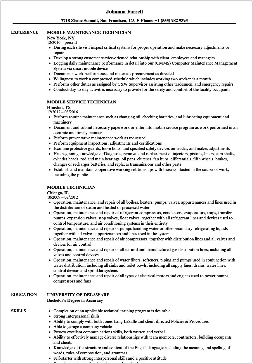 Cell Tower Technician Resume Example