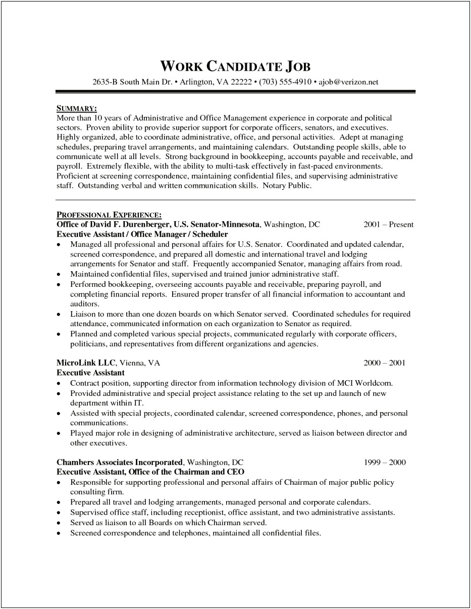 Ceo Assistant Job Description Resume