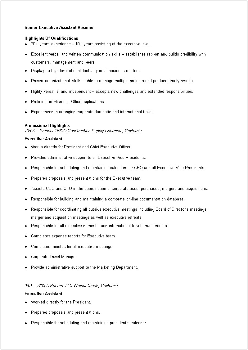 Ceo Executive Assistant Resume Samples