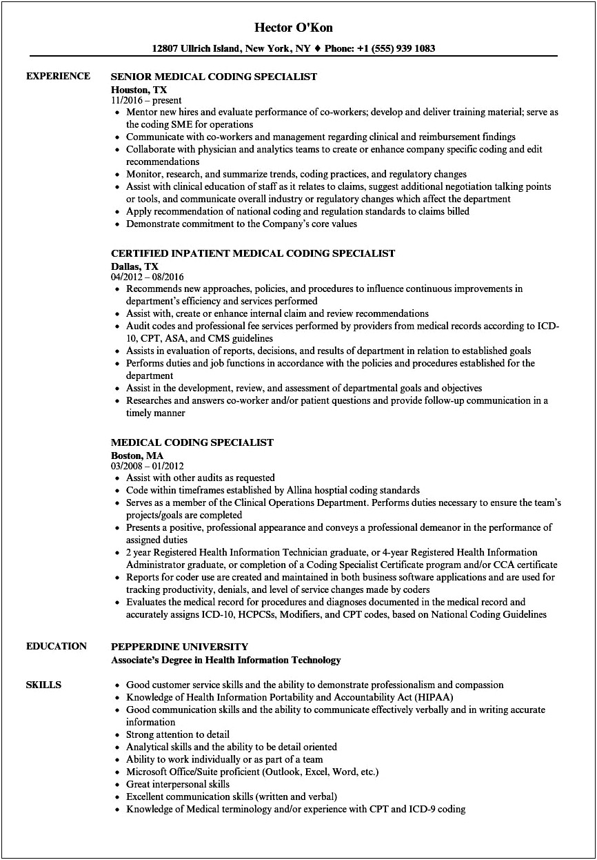 Certified Coding Specialist Resume Example