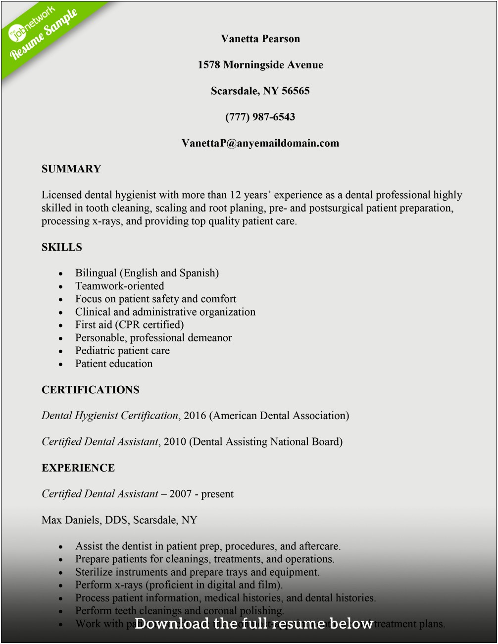 Certified Dental Assistant Resume Examples