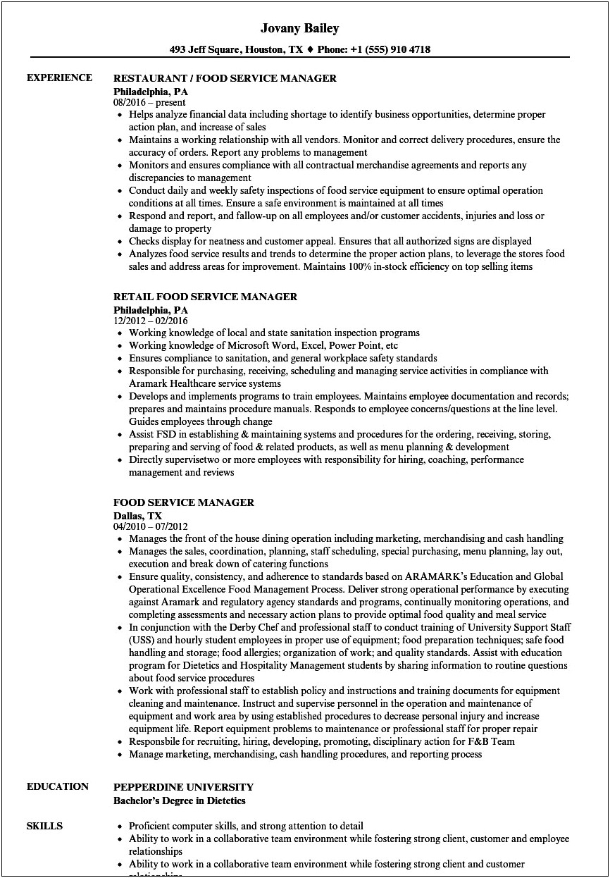 Certified Food Service Manager Resume
