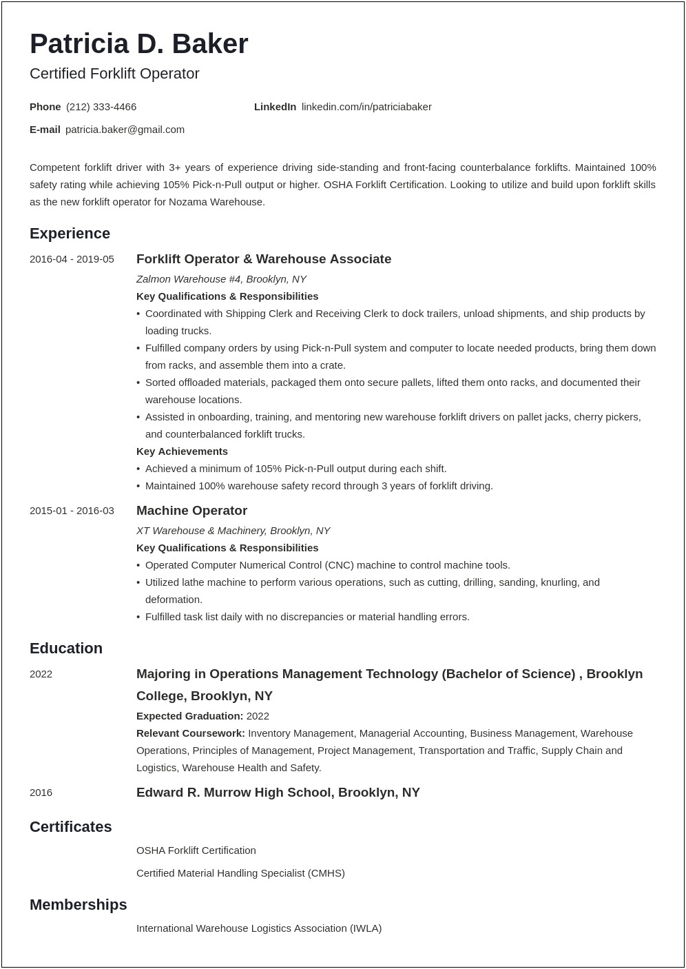 Certified Forklift Operator Resume Example