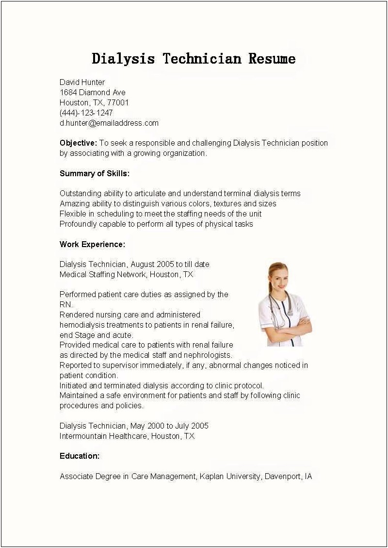 Certified Hemodialysis Technician Job Resume