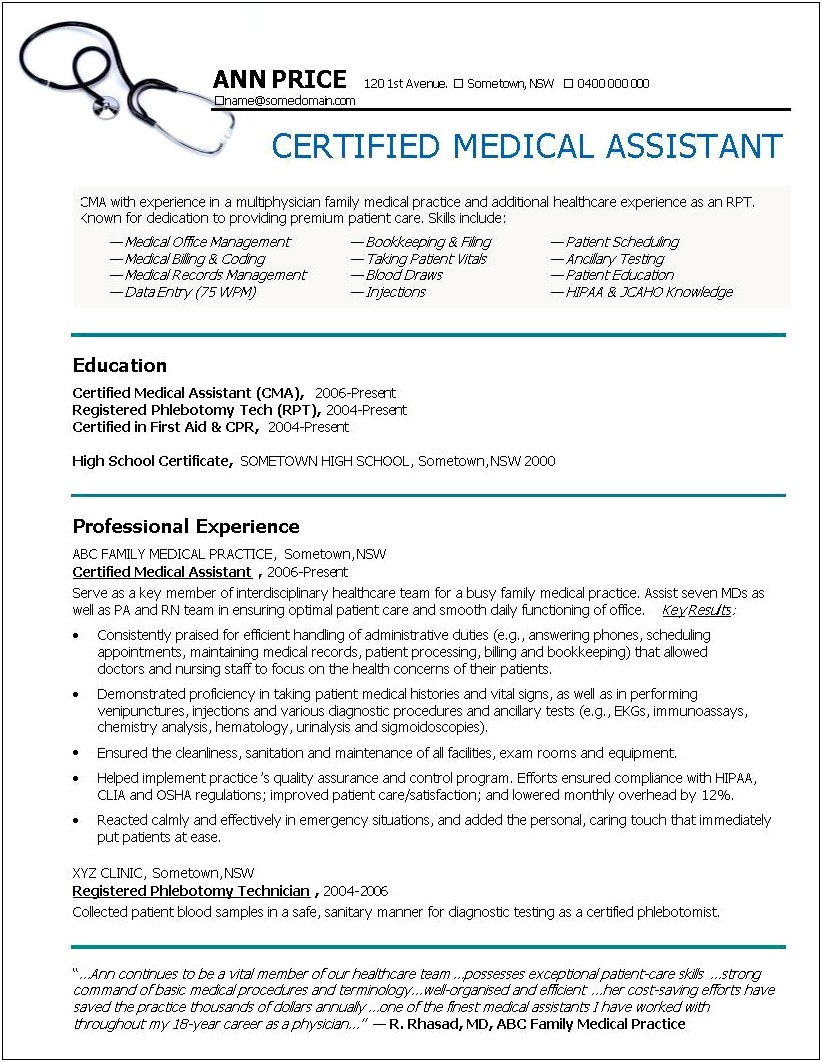 Certified Medical Assistant Objective For Resume