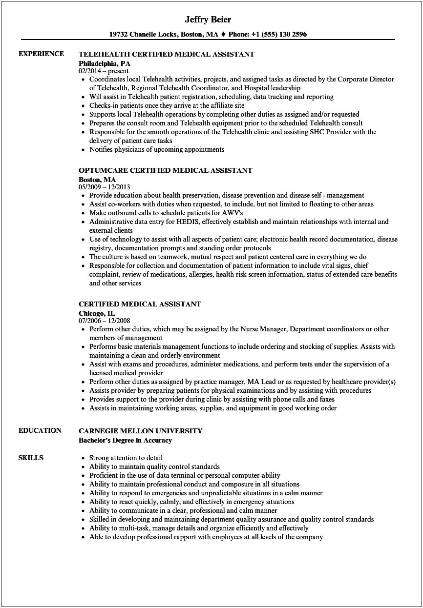 Certified Medical Assistant Resume Free