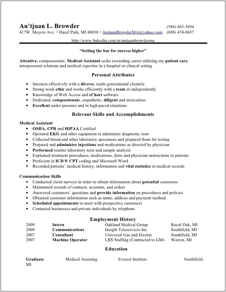 Certified Medical Assistant Resume Objective