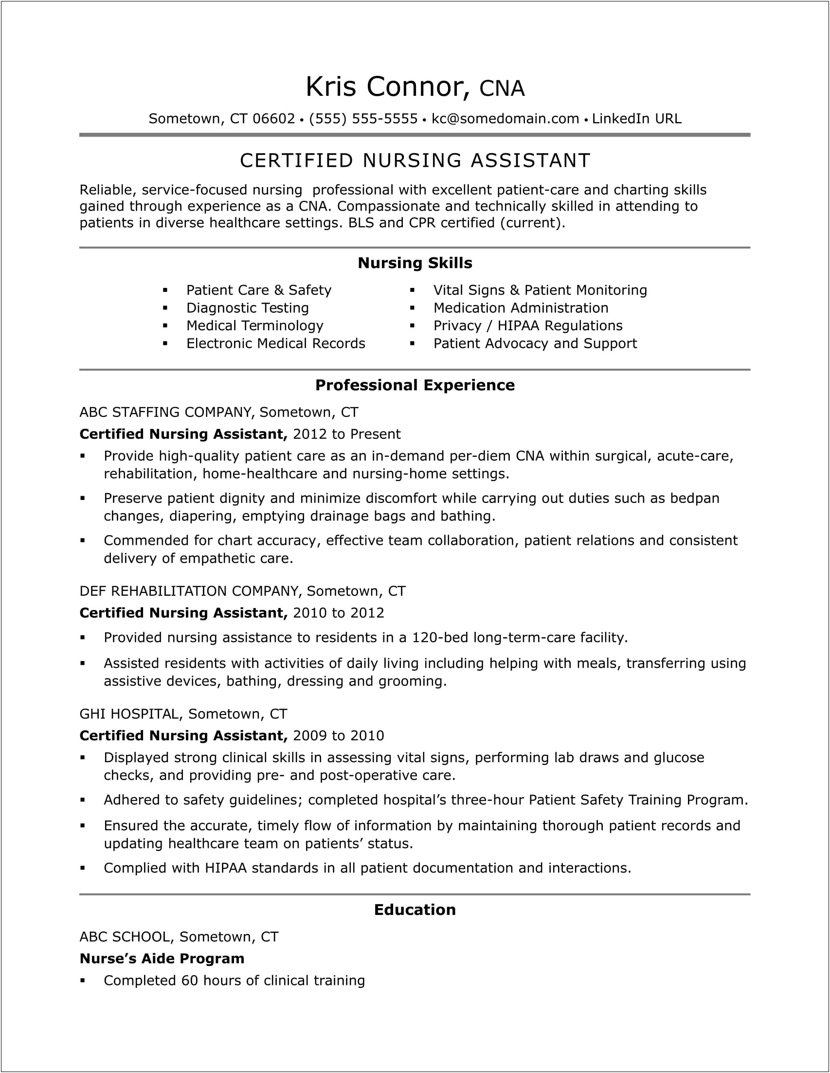 Certified Nurse Aide Example Resumes