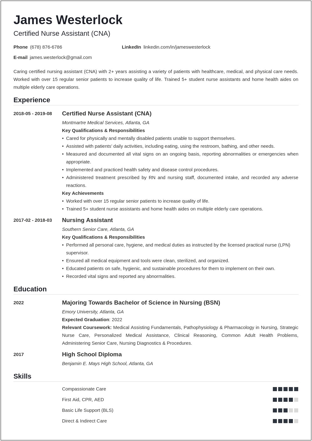 Certified Nurses Assistant Job Description For Resume
