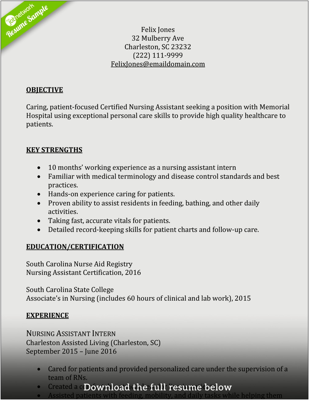Certified Nursing Assistant Job Duties Resume