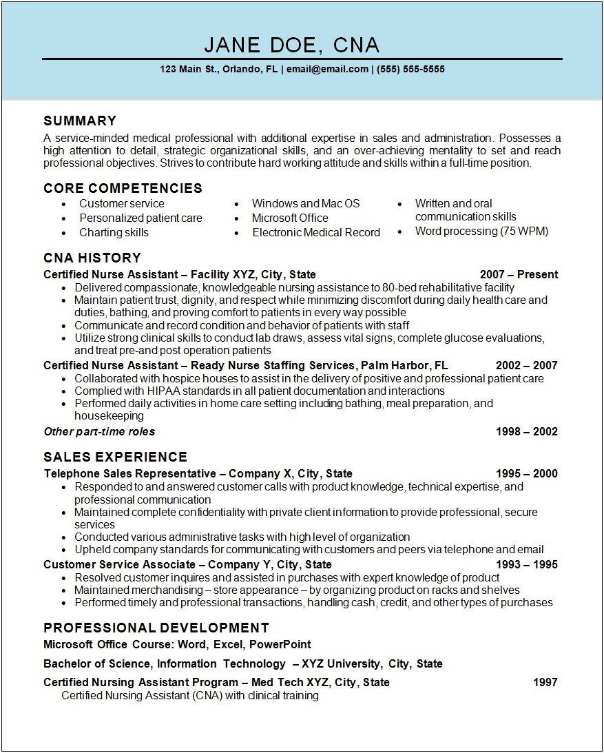 Certified Nursing Assistant Job Responsibilities Resume