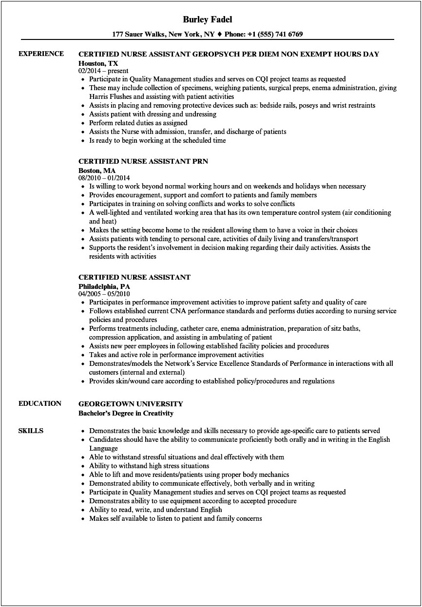 Certified Nursing Assistant Resume Job Duties