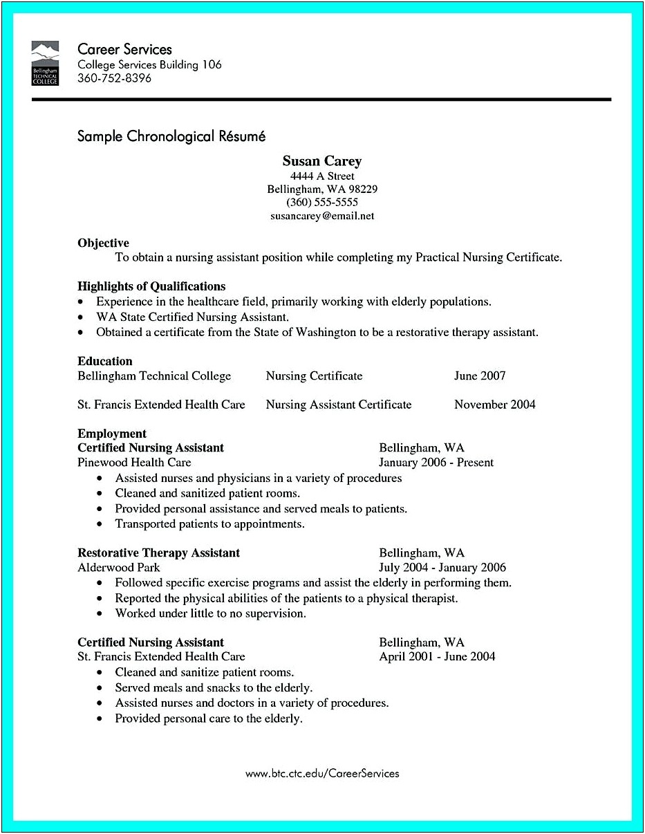 Certified Nursing Assistant Resume Objective No Experience