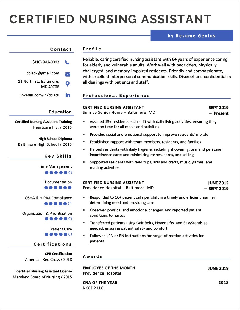 Certified Nursing Assistant Resume Sample With Experience
