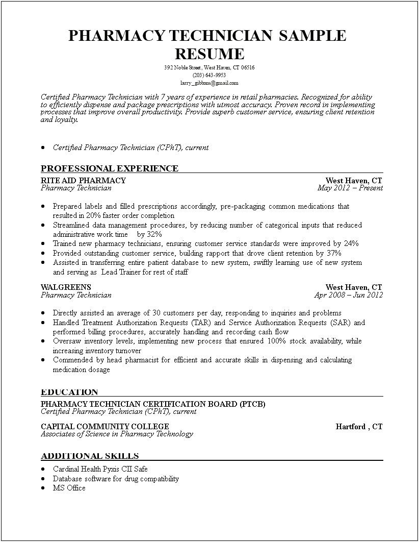Certified Pharmacy Technician Resume Example