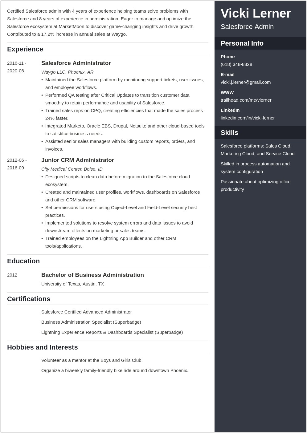 Certified Salesforce Administrator Resume Examples