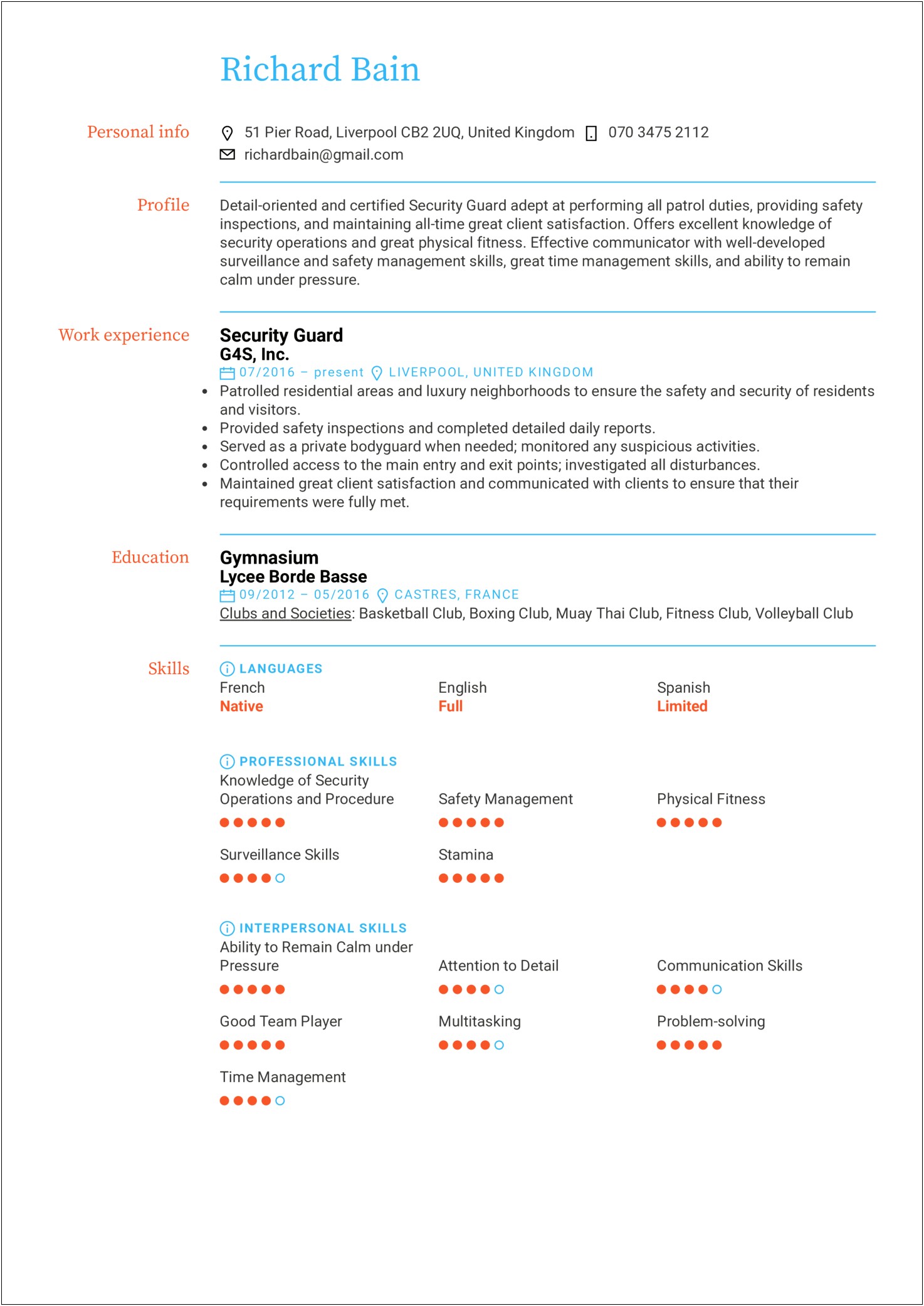 Certified Security Guard Resume Examples