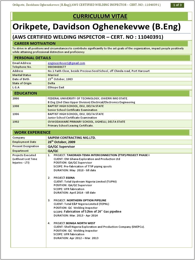 Certified Welding Inspector Job Description Resume