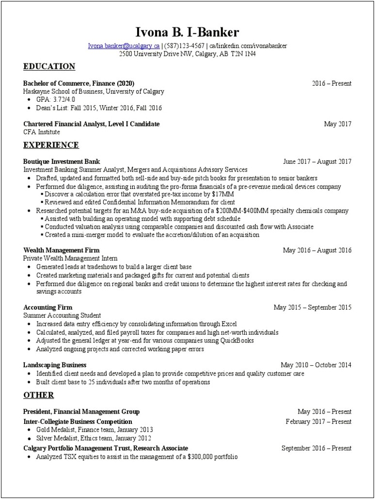 Cfa Level 1 Candidate Resume Sample
