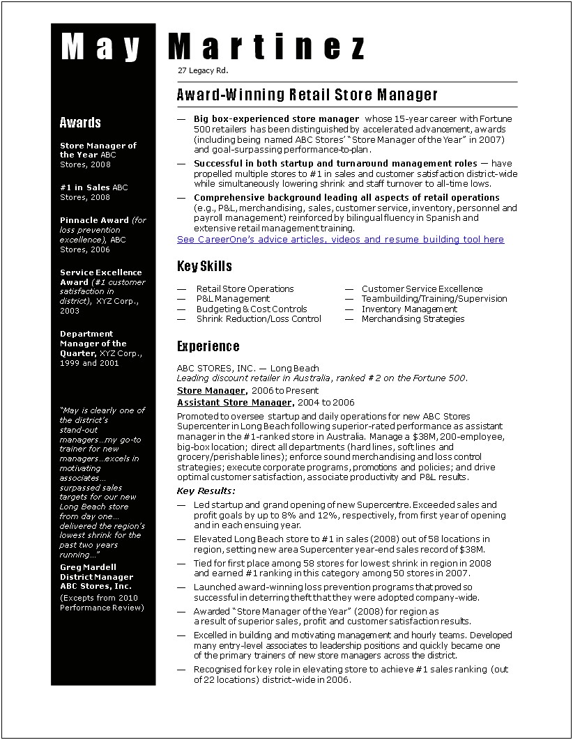 Chain Store Management Resume Examples