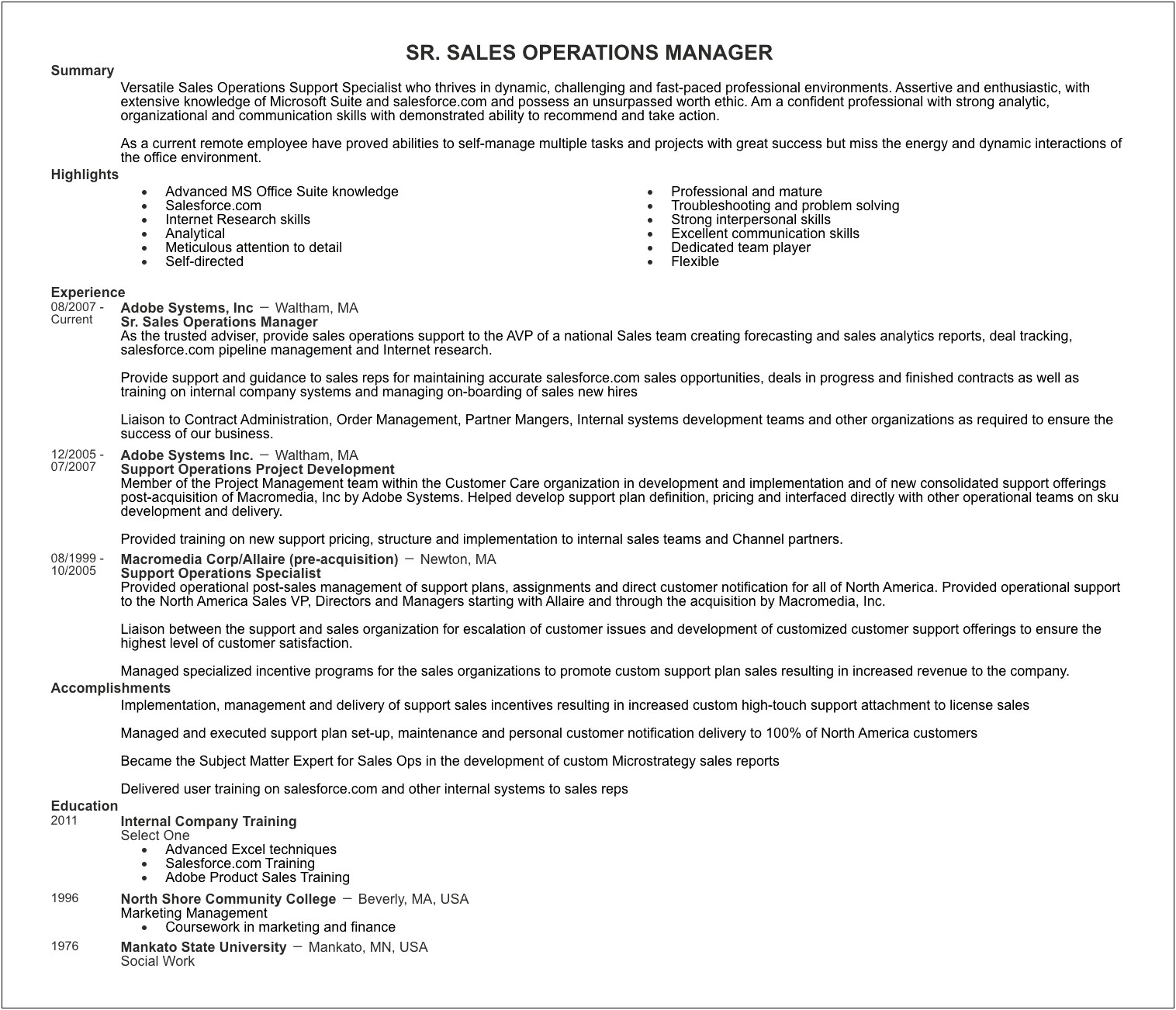 Change In Career Resume Profile Sample