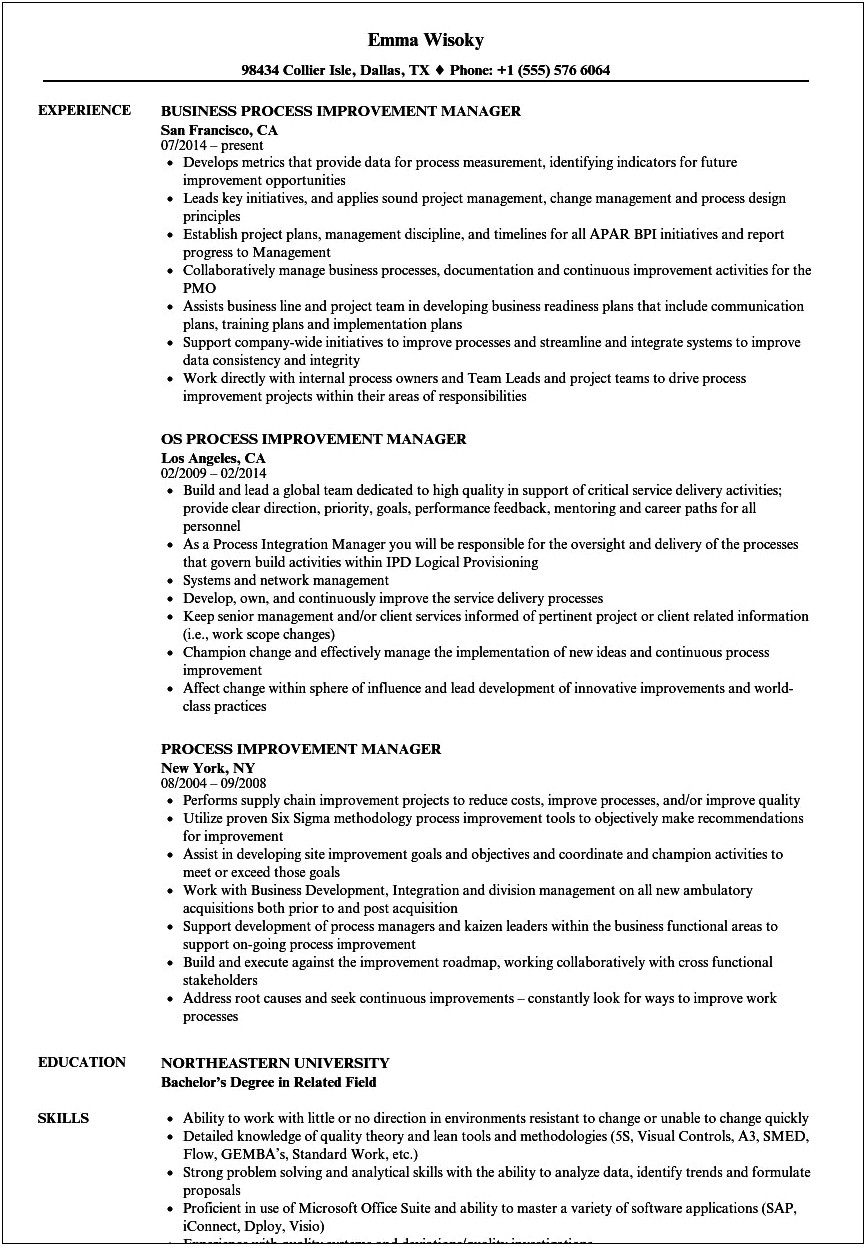 Change Management And Process Improvement Resume Title