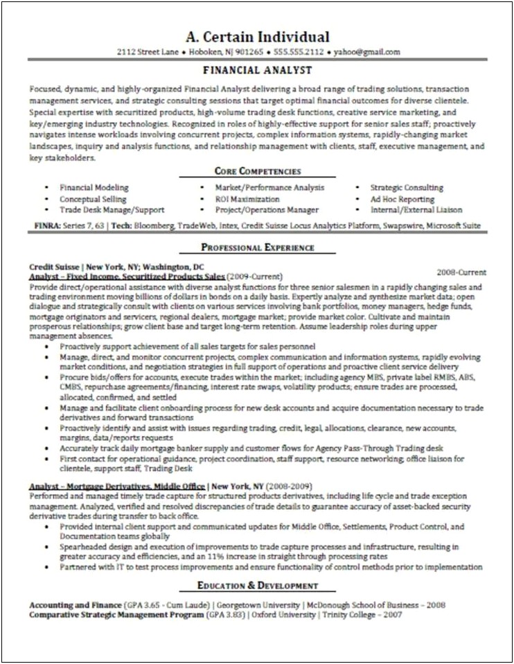 Chartered Financial Analyst Resume Sample