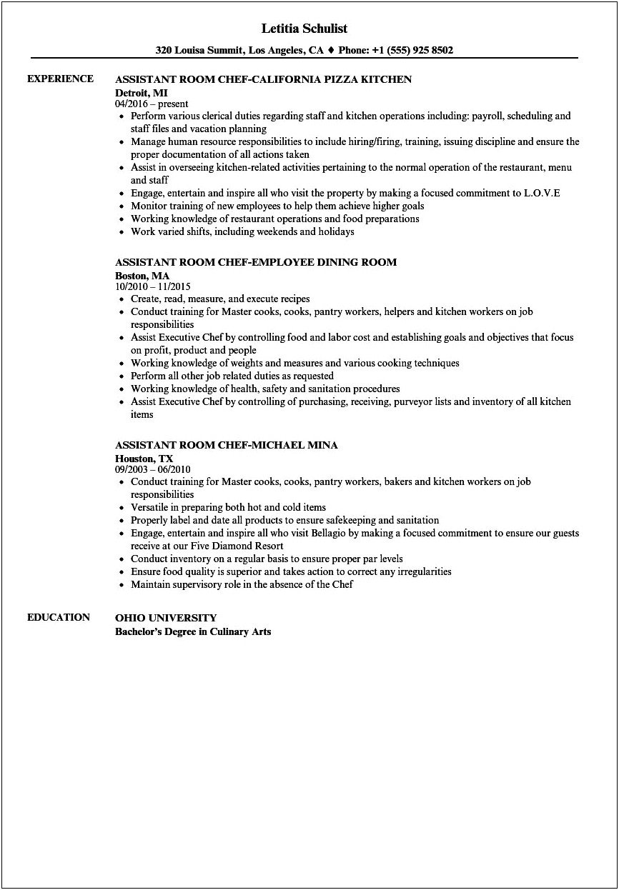 Chef Assistant Job Description For Resume