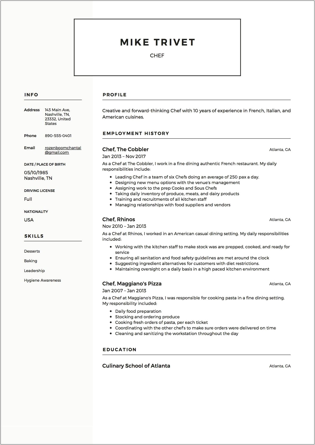 Chef Resume Sample Word Format