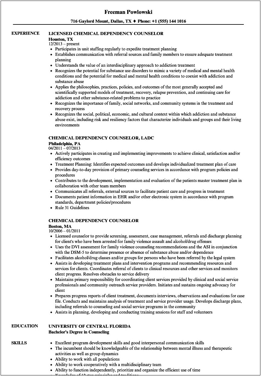 Chemical Dependency Counselor Resume Example