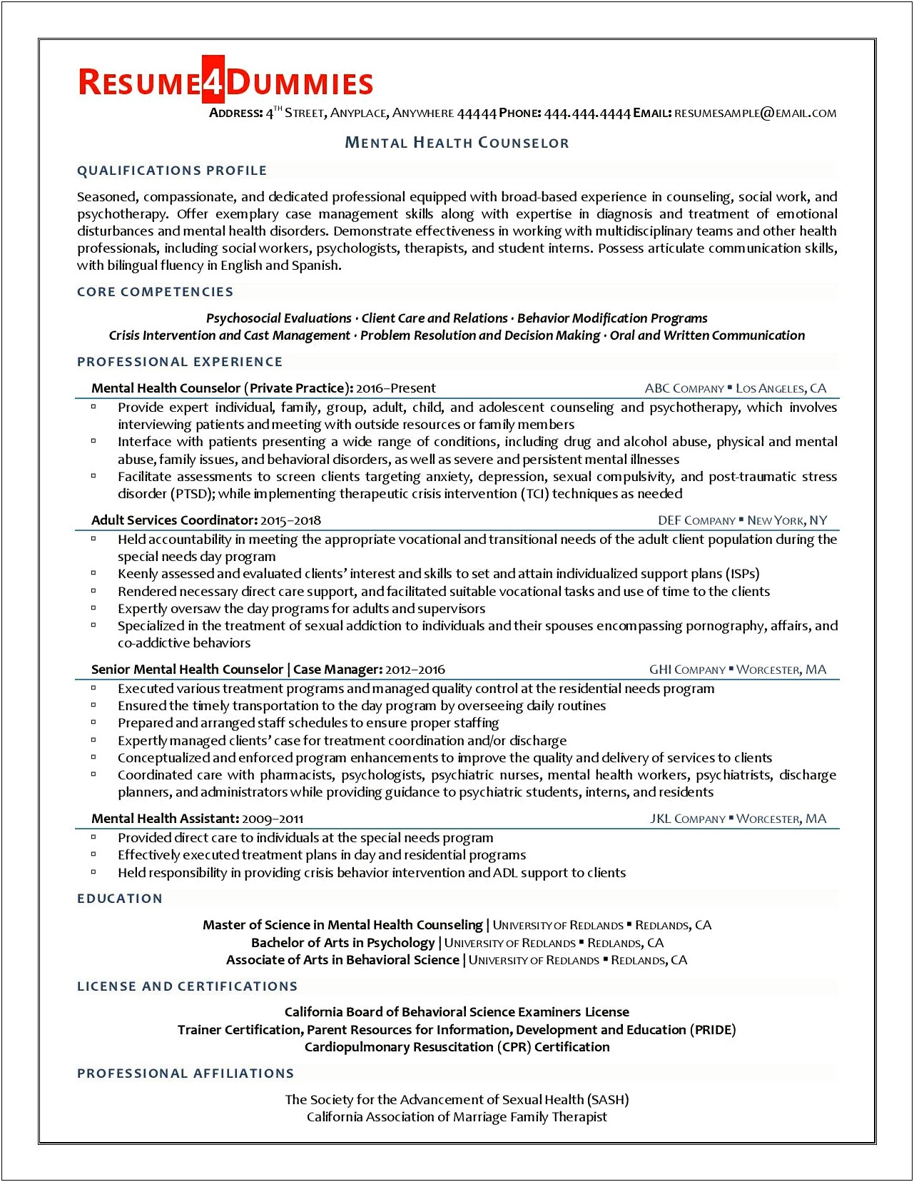 Chemical Dependency Counselor Resume Objective